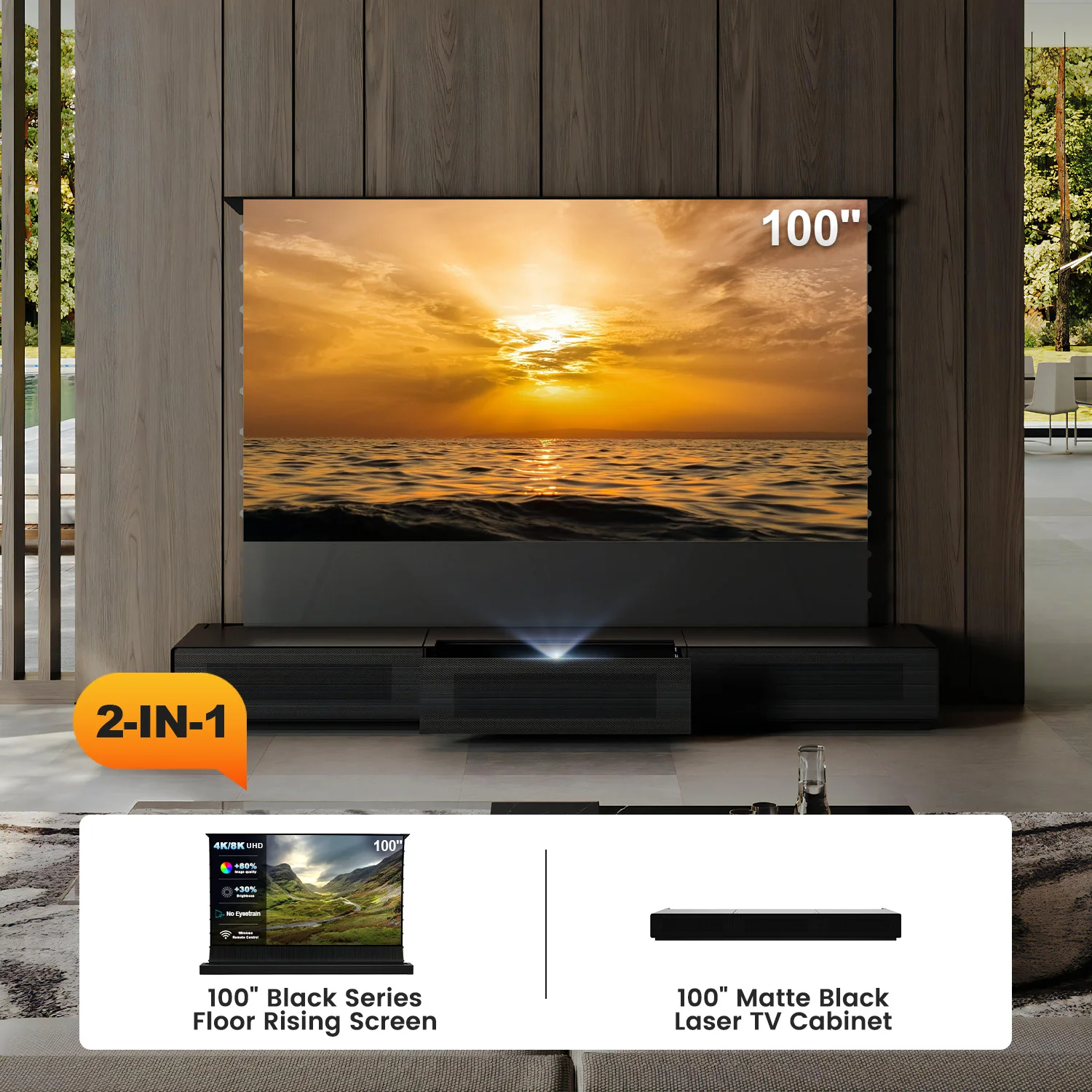 Shore UST Projector Matte Cabinet + Black Series Motorized Floor Rising Screen Bundle (Pre-Assembled) - Image 14