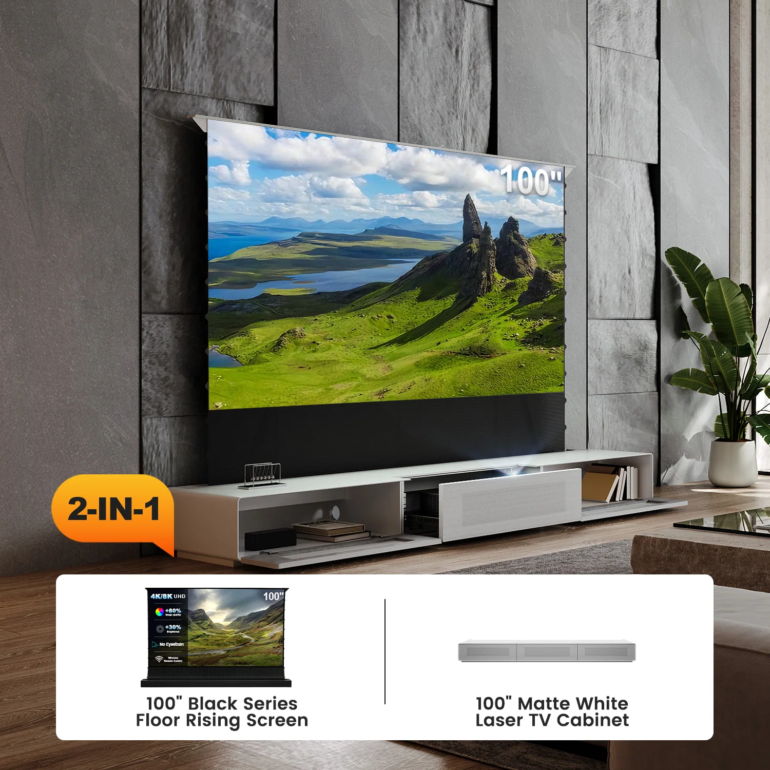 Shore UST Projector Matte Cabinet + Black Series Motorized Floor Rising Screen Bundle (Pre-Assembled) - Image 16