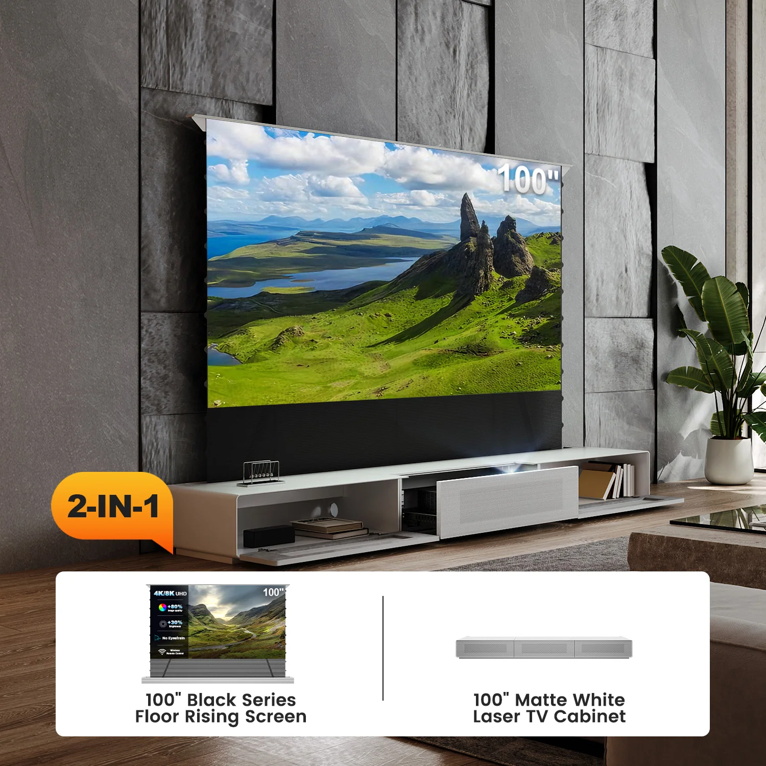 Shore UST Projector Matte Cabinet + Black Series Motorized Floor Rising Screen Bundle (Pre-Assembled) - Image 18
