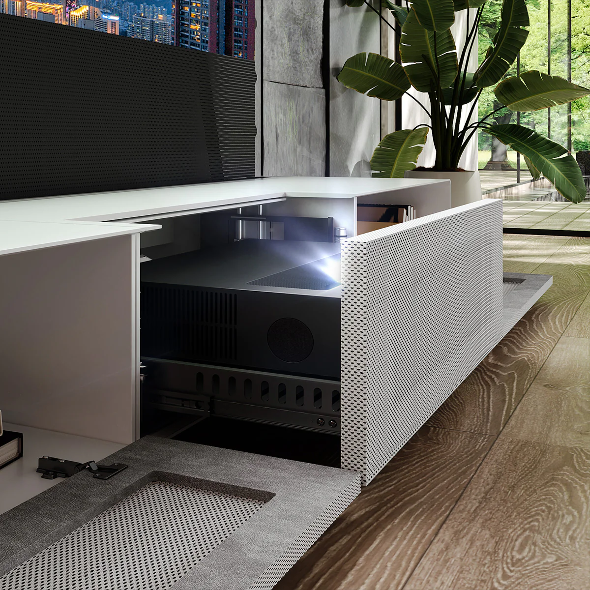 Shore UST Projector Matte Cabinet + Black Series Motorized Floor Rising Screen Bundle (Pre-Assembled) - Image 6