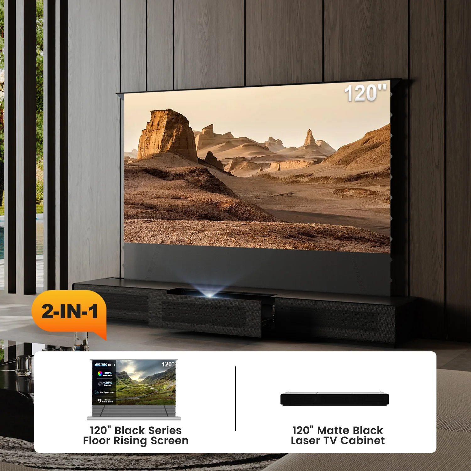 Shore UST Projector Matte Cabinet + Black Series Motorized Floor Rising Screen Bundle (Pre-Assembled) - Image 7