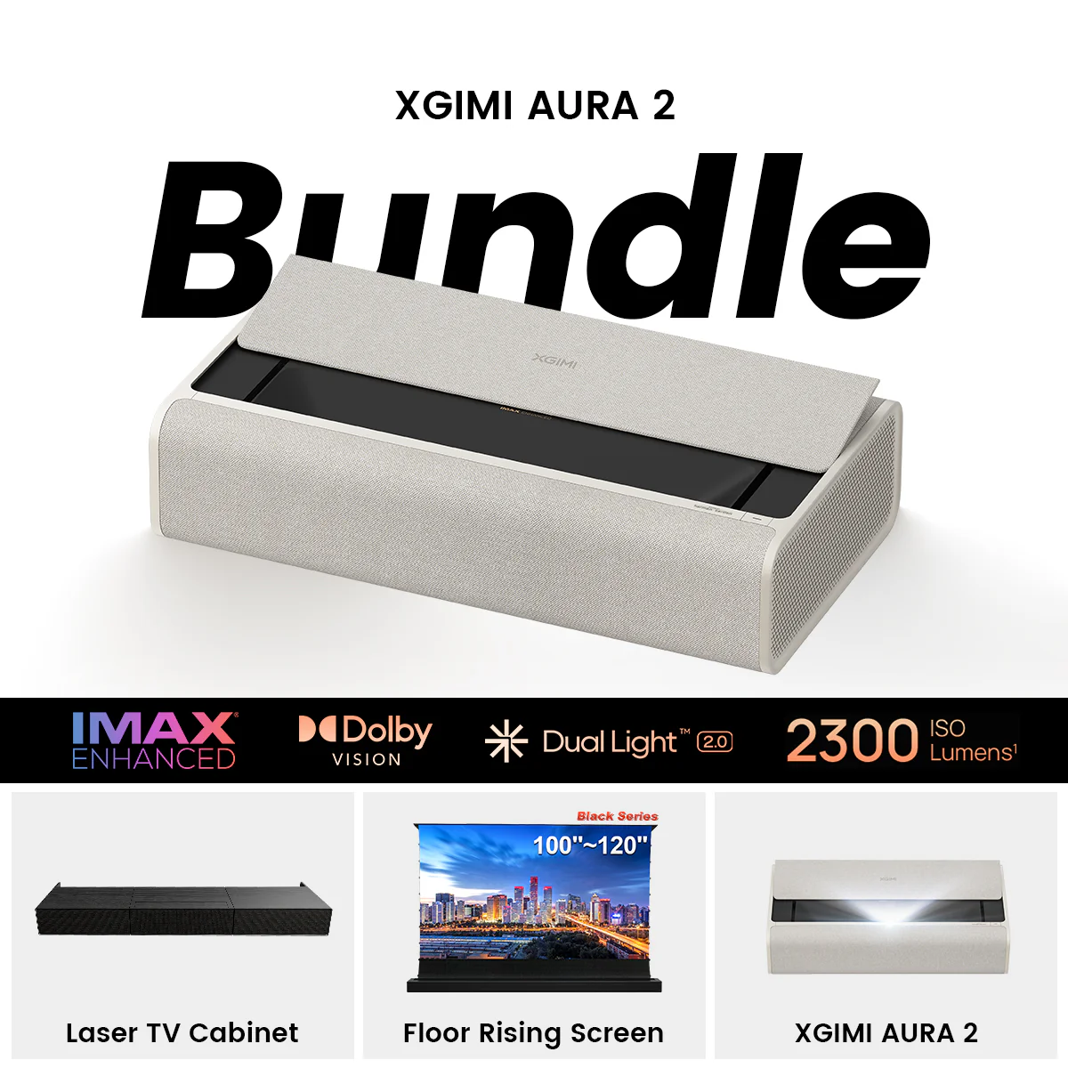 (Bundle) XGIMI AURA 2 4K UST Laser Projector + Black Series Motorized ALR Screen + Laser TV Cabinet